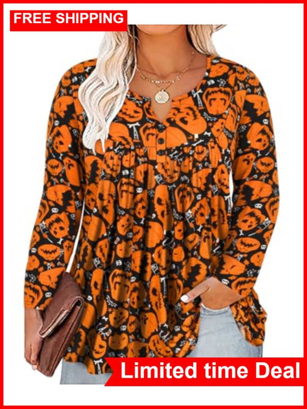 Plus Size Henley Long Sleeve Tunic Top Women Casual Button Down Blouse